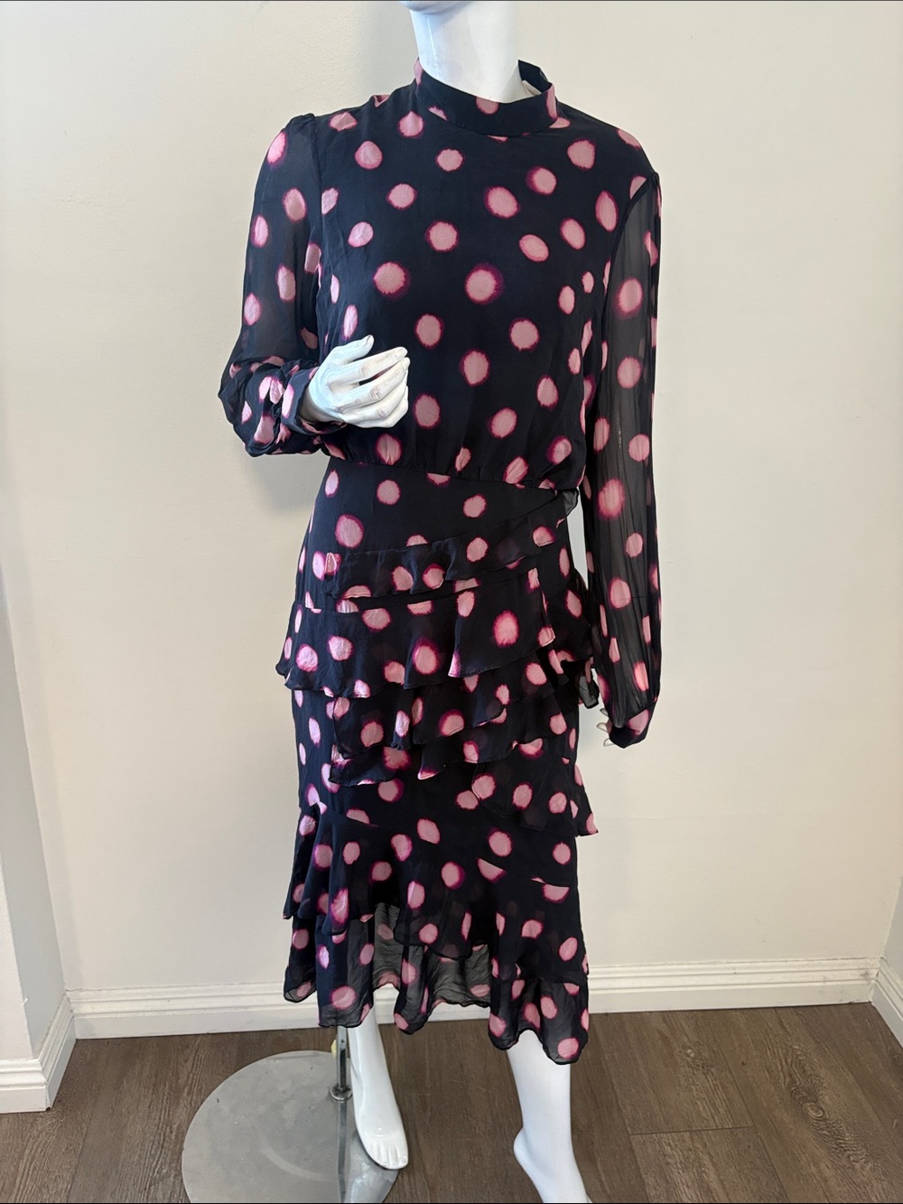 SALONI Isabel Black Long Sleeve Midi Dress with Pink Polka Dots